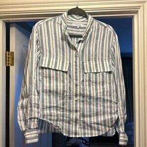 Frame 90% Linen Blue & White Striped Shirt